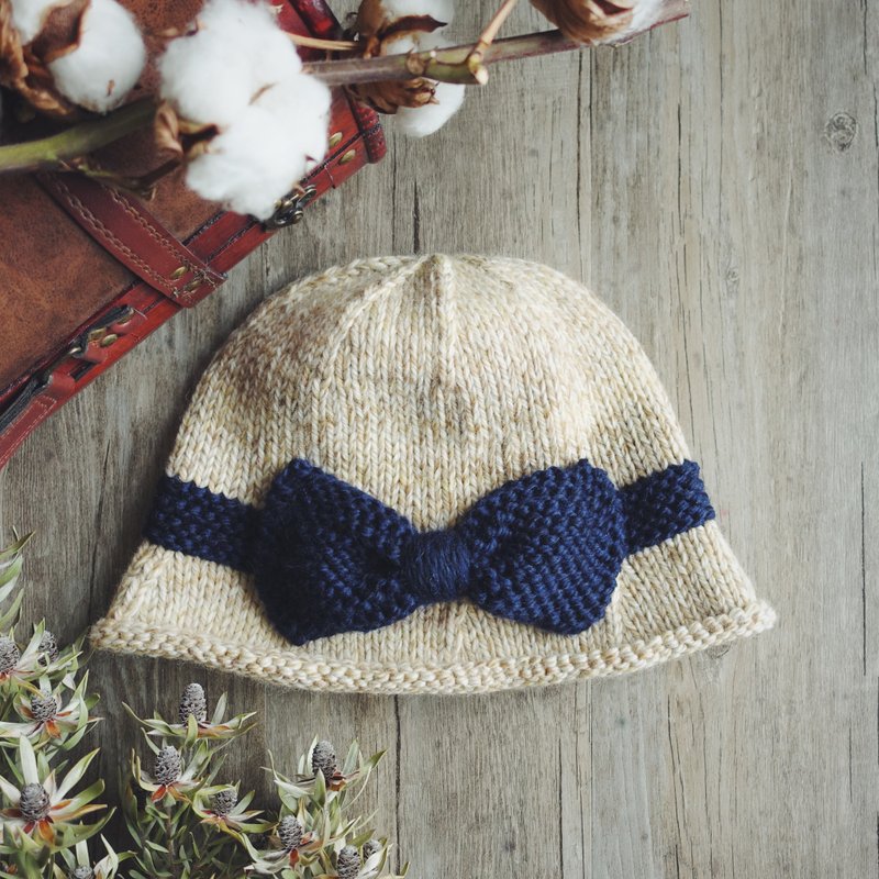 蝴蝶结优雅仕女帽 成人尺寸 /米黄色/ 手工编织毛帽 - 帽子 - 羊毛 蓝色