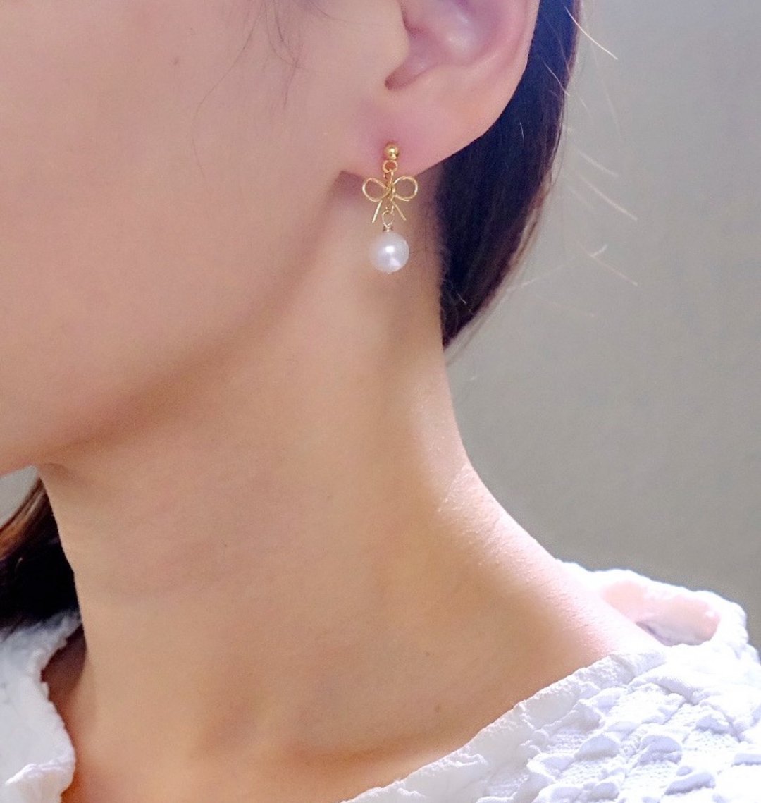 成人可爱丝带珍珠耳针 - 发饰 - 珍珠 金色