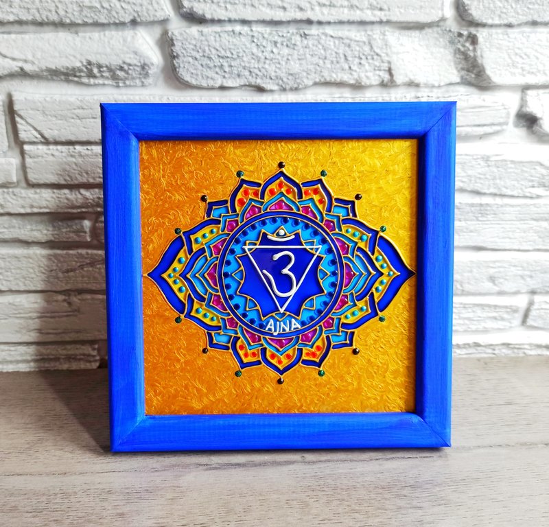 手绘蓝色第六脉轮Ajna壁挂瑜伽艺术曼陀罗冥想 - 墙贴/壁贴 - 玻璃 蓝色