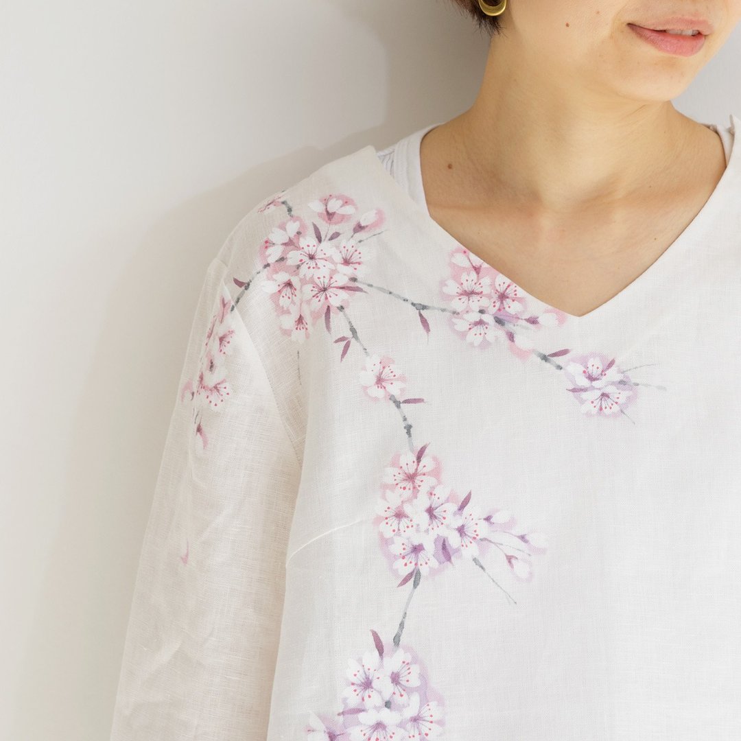 Linen/ long sleeve blouse Sakura - 女装衬衫 - 棉 白色