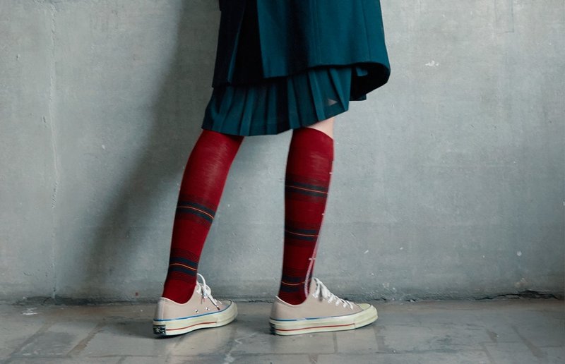 socks_poppy_tartan / irregular / socks / stripes / green / flower - 袜子 - 棉．麻 红色
