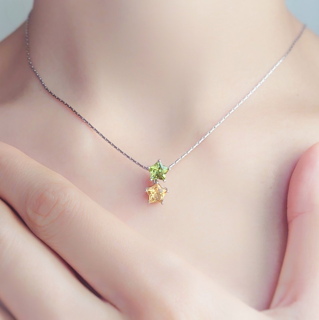 双子星橄榄石黄水晶纯银吊坠 - 项链 - 半宝石 绿色