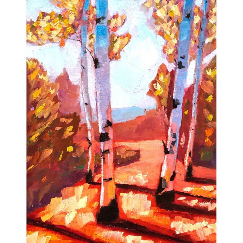 Birch Tree Painting Aspen Original Art Fall Trees Oil Painting Autumn Landscape - 海报/装饰画/版画 - 其他材质 多色