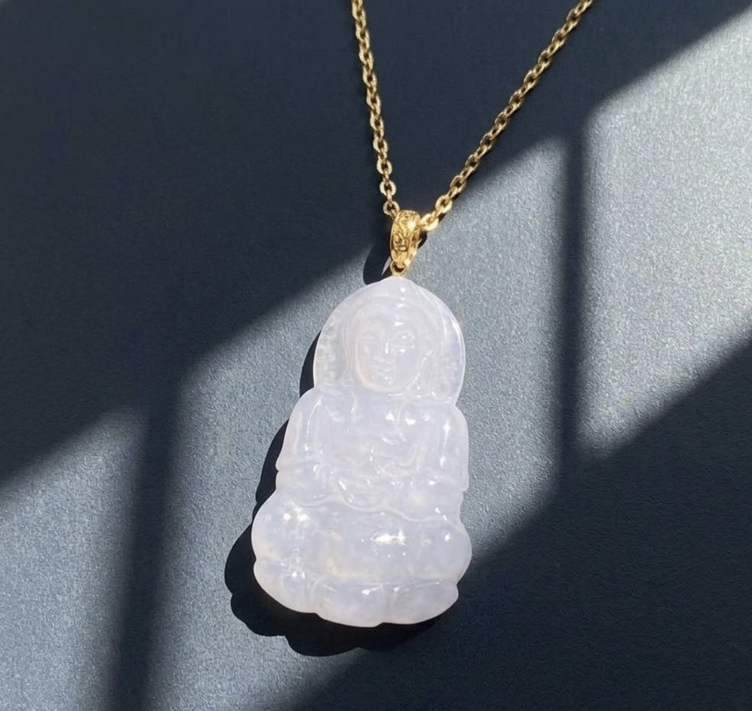 冰种翡翠观音菩萨项链 18K 金坠头 | 天然缅甸玉翡翠 A 货 | 送礼 - 项链 - 玉石 透明