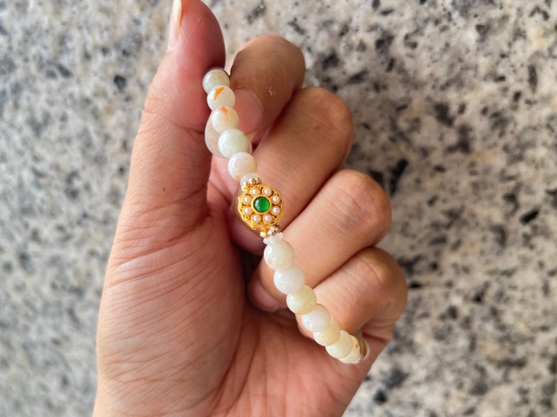 Angel's tears翠色-天然缅甸玉 点点枫红翡翠 危料翡翠珍珠花设计 - 手链/手环 - 宝石 绿色