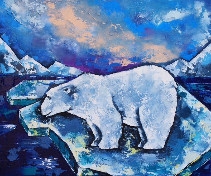 White Bear Painting Animal Original Art Polar Bear Wall Art Nursery Wall Art Oil - 海报/装饰画/版画 - 其他材质 蓝色