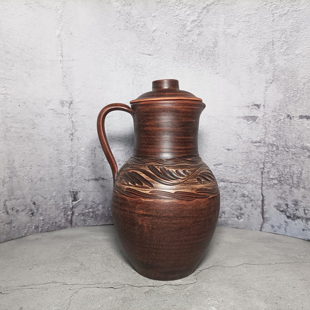 陶器大壶2500毫升手工红粘土葡萄酒容器棕色壶带盖 - 水瓶/水壶 - 粘土 