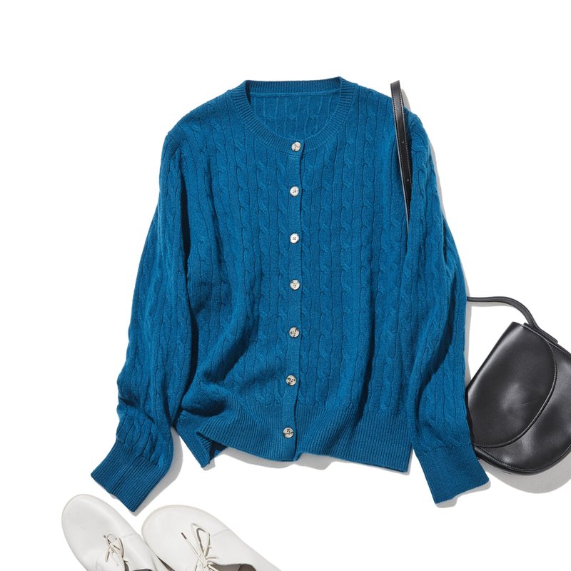 跨时代经典 | 100% 羊毛麻花针织开衫 (孔雀蓝) 251121-2 - 女装针织衫/毛衣 - 羊毛 蓝色