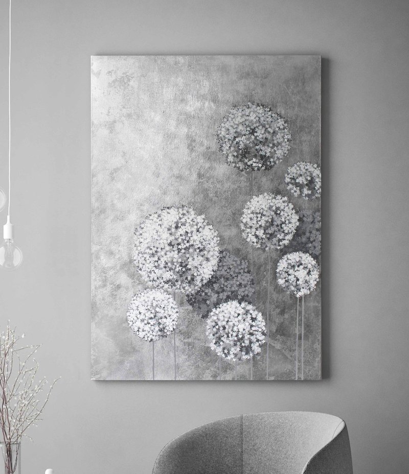 葱属植物绘画 |银花朵绘画 |银绘画 | 灰色花球 - 墙贴/壁贴 - 棉 银色