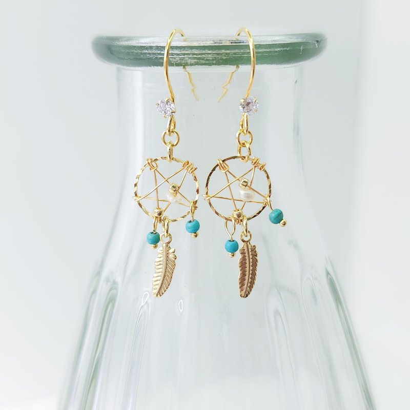 【天然石捕梦网耳环】S925纯银耳针 -设计款式 - 耳环/耳夹 - 水晶 金色