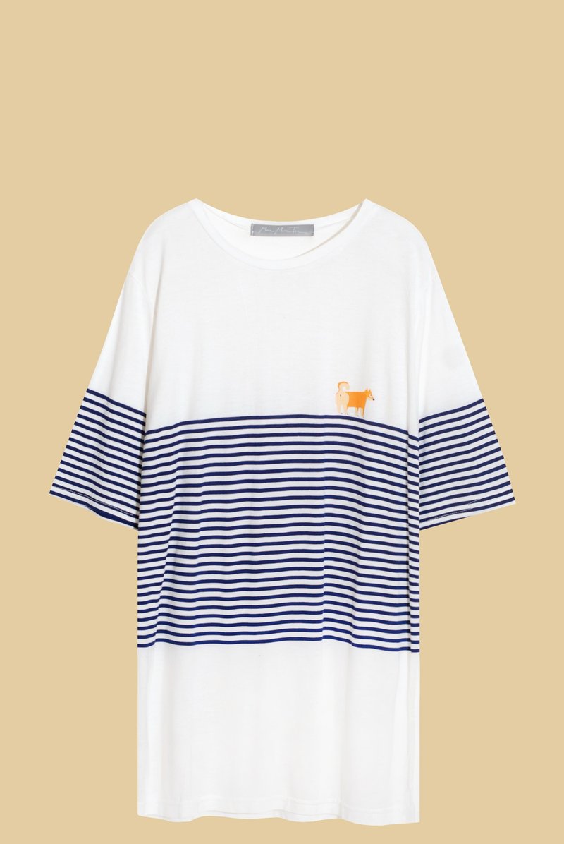 【小NG一件】最心爱的分享／柴犬条纹长版踢 - 女装 T 恤 - 棉．麻 白色