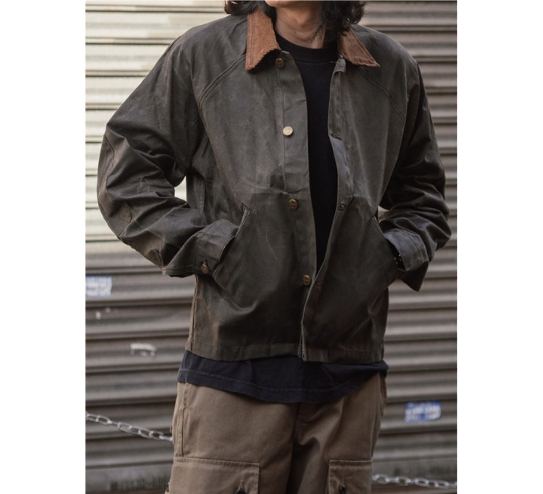 油蜡帆布重机骑士短版夹克 成衣洗水定型 耐风防泼水 WAX JACKET - 男装外套 - 其他材质 咖啡色