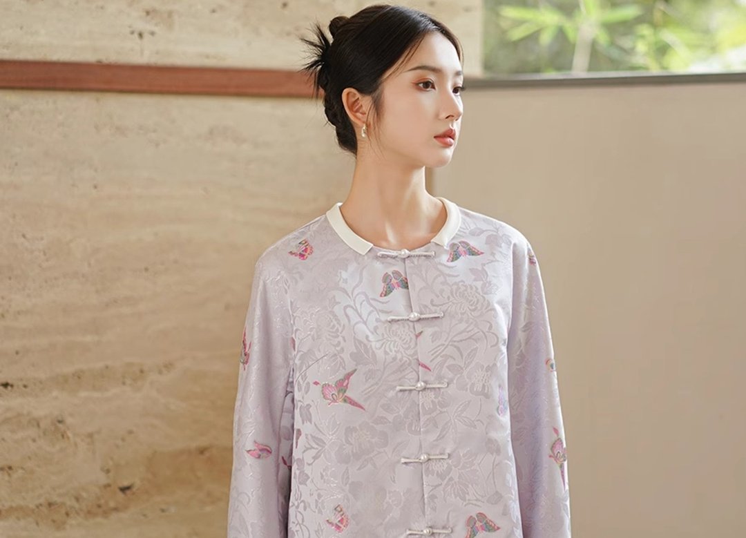莳花幽赏 新中式中国风提花圆领唐装上衣 - 女装上衣 - 其他材质 紫色