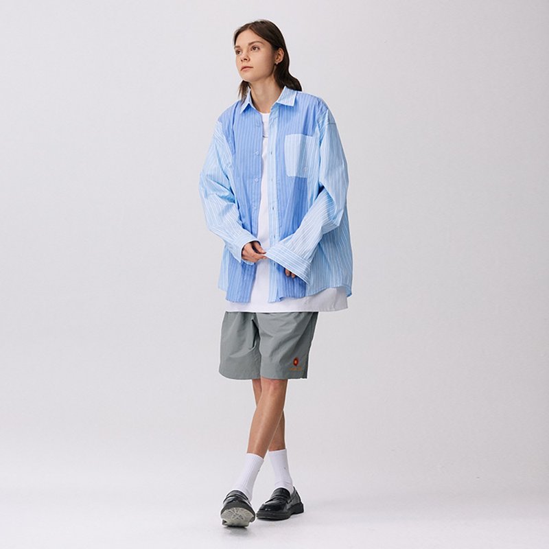 MOKACME 22SS 拼接独立设计师解构拼接宽松CITY BOY条纹衬衫衬衣 - 男装衬衫 - 棉．麻 蓝色