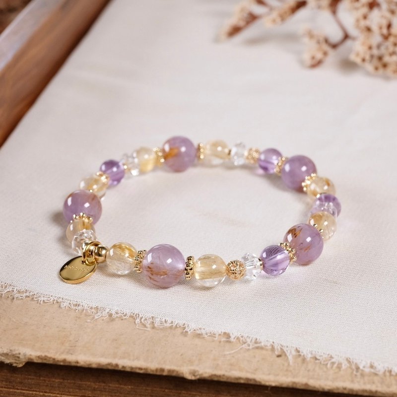 紫钛晶 金发晶 紫水晶 白水晶 手链 天然矿石水晶 - 手链/手环 - 宝石 紫色