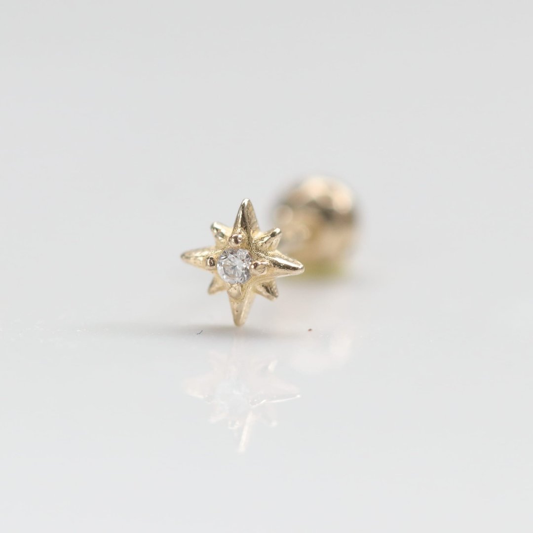 纯14K金 金小星芒锁珠耳环(单个)耳骨 耳窝 不退色 - 耳环/耳夹 - 贵金属 金色