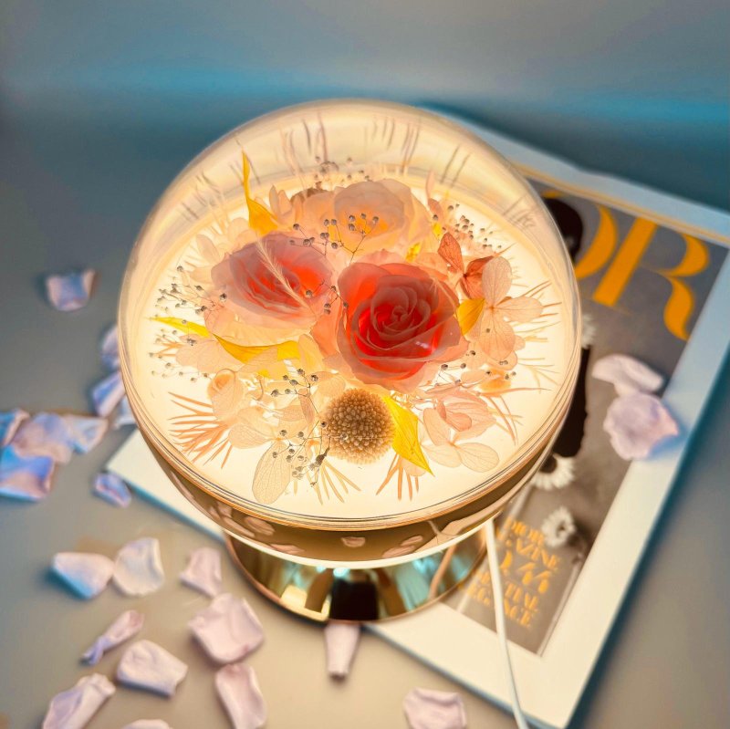 永生花玫瑰水晶球灯 定制化 多种玫瑰颜色可选 粉红/紫/蓝色 - 干燥花/捧花 - 植物．花 