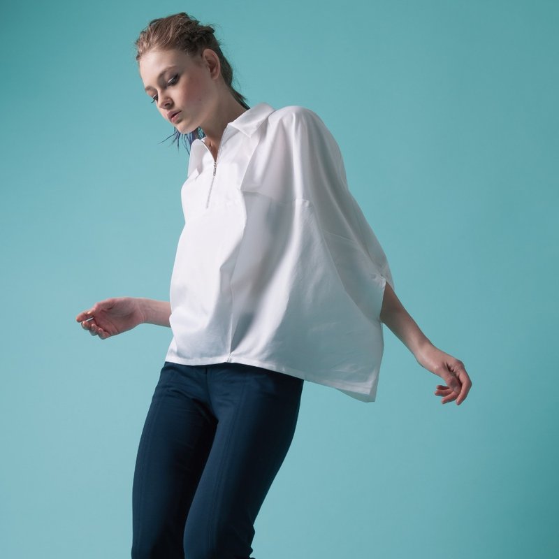 不规则拉链白衬衫(FIT029C0339-S FIT029C0340-M) - 女装衬衫 - 棉．麻 白色