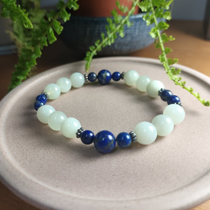 珠串设计手链 青金石+岫玉+925银 - 手链/手环 - 玉石 蓝色