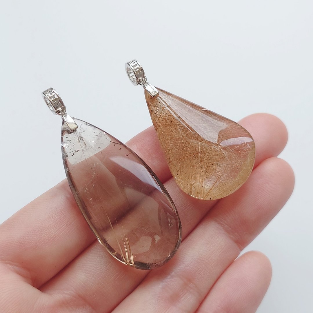 大份量水滴形 天然金发晶 茶晶 纯银坠 | 中性款 | 可另购纯银链 - 项链 - 半宝石 咖啡色