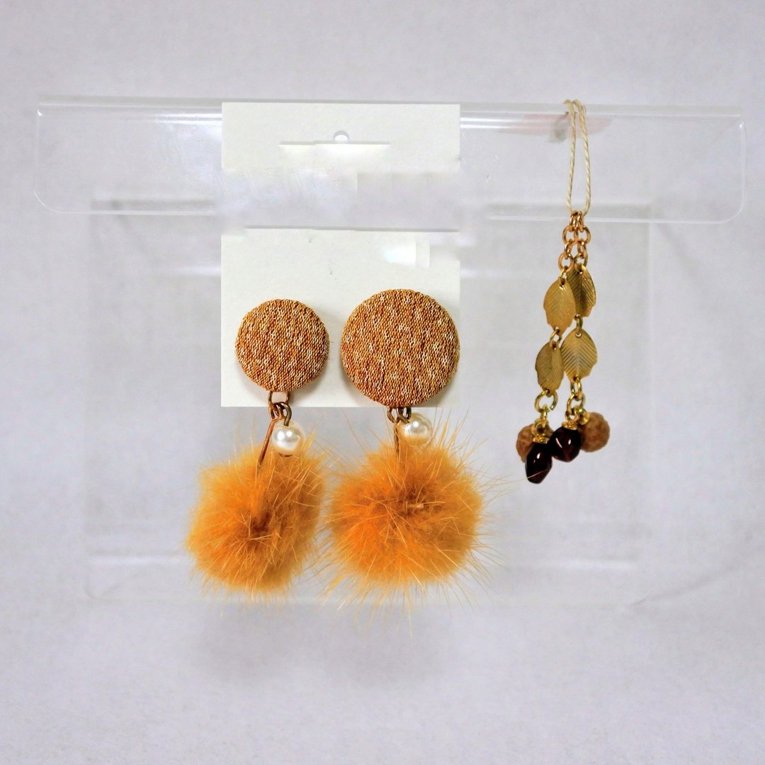 Kimono remake 3Way earrings with walnut buttons - 耳环/耳夹 - 其他材质 金色