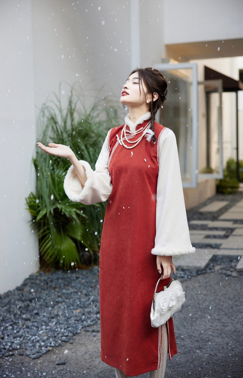 喜慶紅色 拼接假兩件秋冬加絨洋裝 新中式春節過年改良旗袍 - 旗袍 - 聚酯纤维 红色