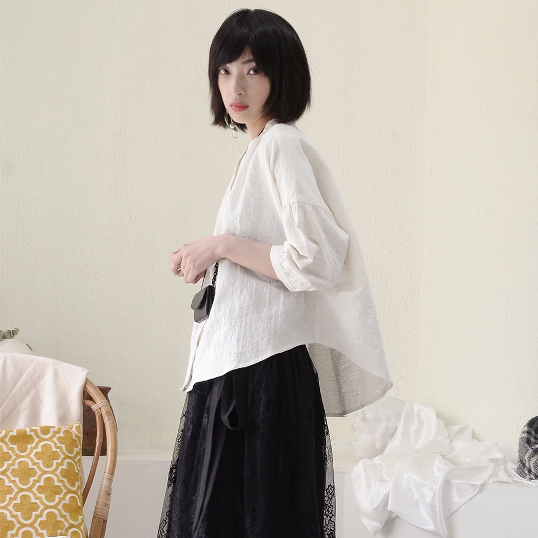 圆领提花七分袖衬衫|衬衫|棉麻|独立品牌|Sora-128 - 女装衬衫 - 棉 白色