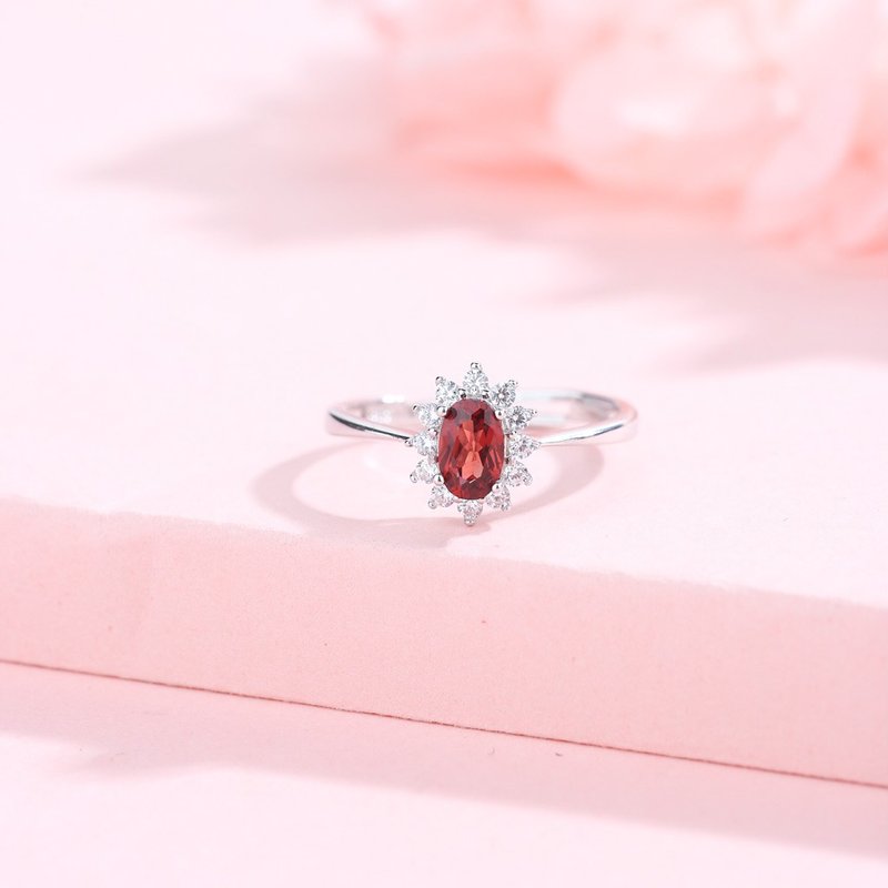 石榴石925纯银锆石戒指 | 925纯银精镀亮泽白金戒指 | 可调节大小 - 戒指 - 宝石 红色