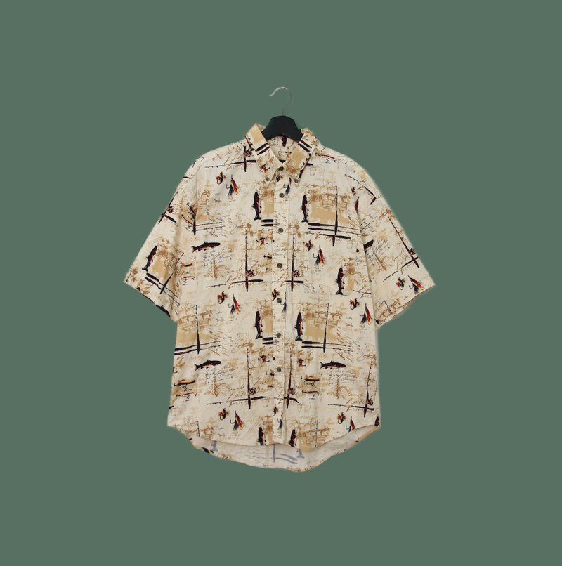 Back to Green- 鱼图腾短袖衬衫 斑驳明信片 鱼钩 vintage shirt - 男装衬衫 - 棉．麻 