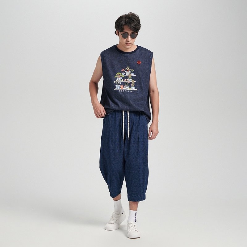 江户胜 日系 男装 多盆栽印花背心(石洗绿) #上衣 - 男装上衣/T 恤 - 棉．麻 蓝色