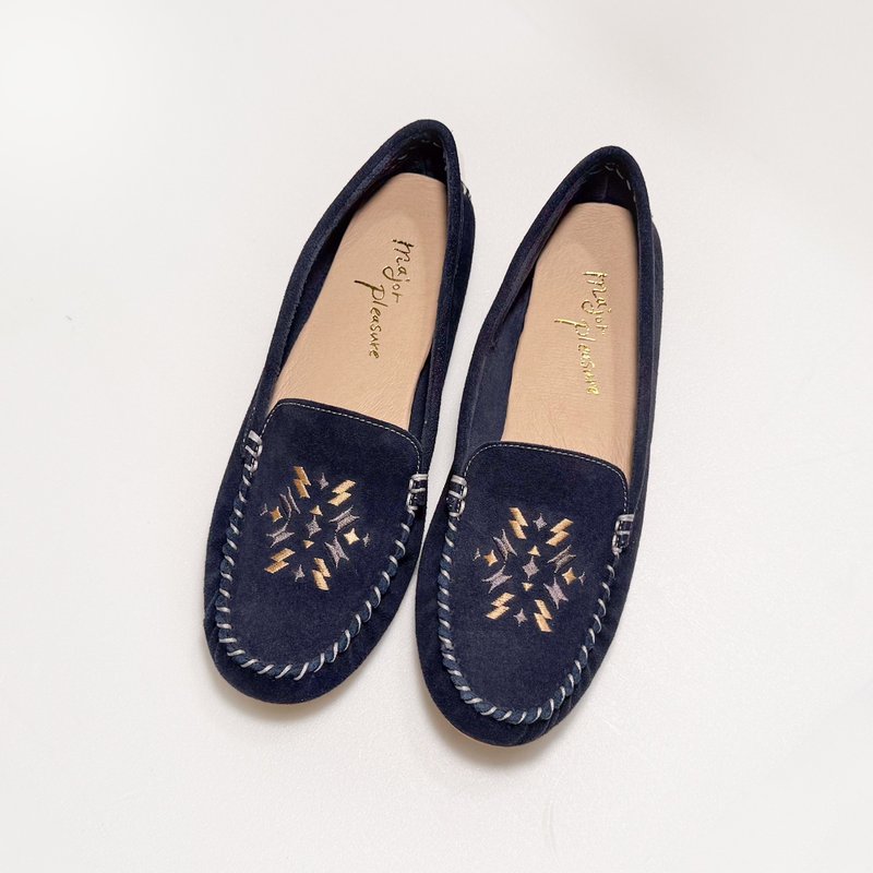 防水皮革! 闪电星芒刺绣图腾手工莫卡辛 蓝 全真皮 MIT-午夜琥珀 - 其他女款皮鞋 - 真皮 蓝色