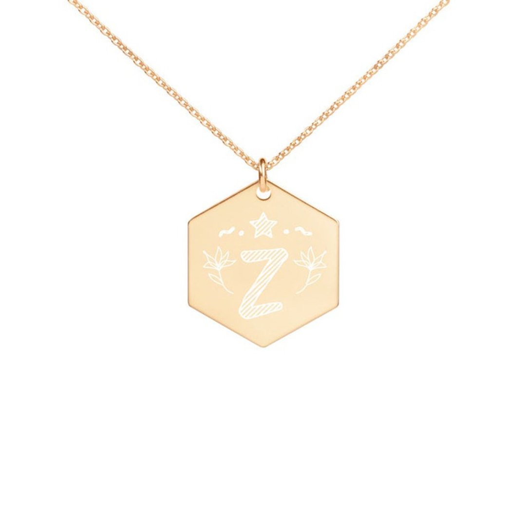 Letter Z necklace Engraved Silver Hexagon Necklace - 项链 - 纯银 