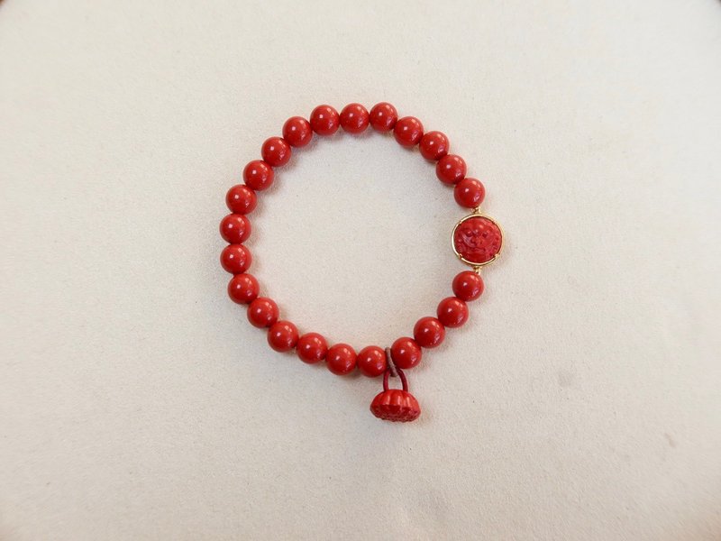 天然原矿帝王朱砂. 招财貔貅/好运莲莲 设计单圈手串 - 手链/手环 - 木头 红色