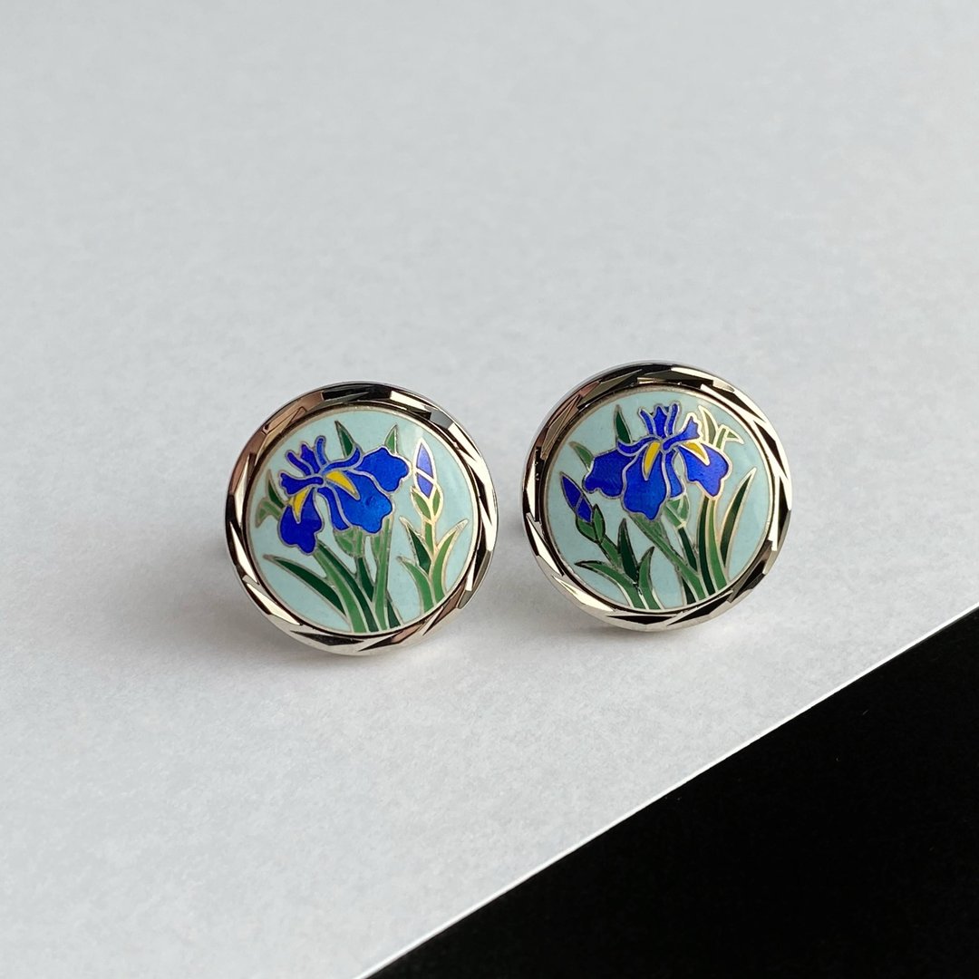 银鸢尾花【Pearl Blue】景泰蓝袖扣 (Cufflinks) 纯银金属景泰蓝 银制配件 - 袖扣 - 银 蓝色