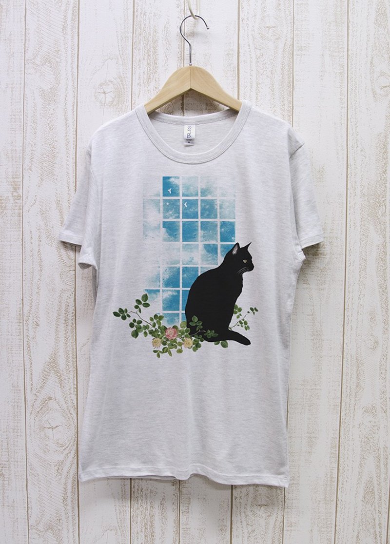 Standing Black Cat Window NOON Heather White / R029-TT-HWH - 中性连帽卫衣/T 恤 - 棉．麻 白色