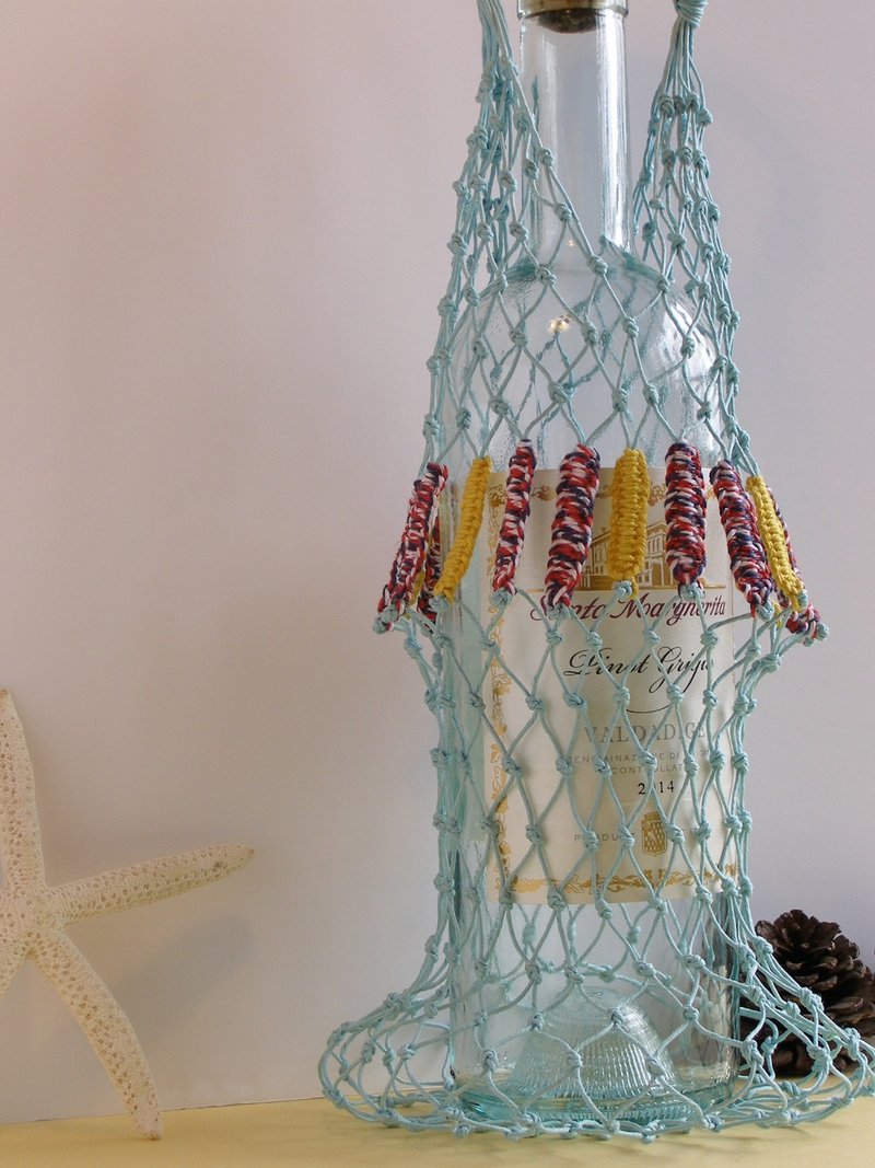 Sea Shell 手工麻袋－天空蓝＋黄色花边编织 +蓝白红色花边编织 /酒袋/保温瓶 - 随行杯提袋/水壶袋 - 棉．麻 多色