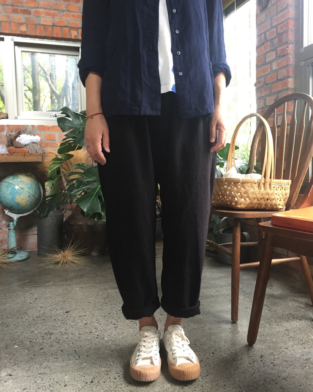 棉麻材质反折小管裤 - 女装长裤 - 棉 黑色