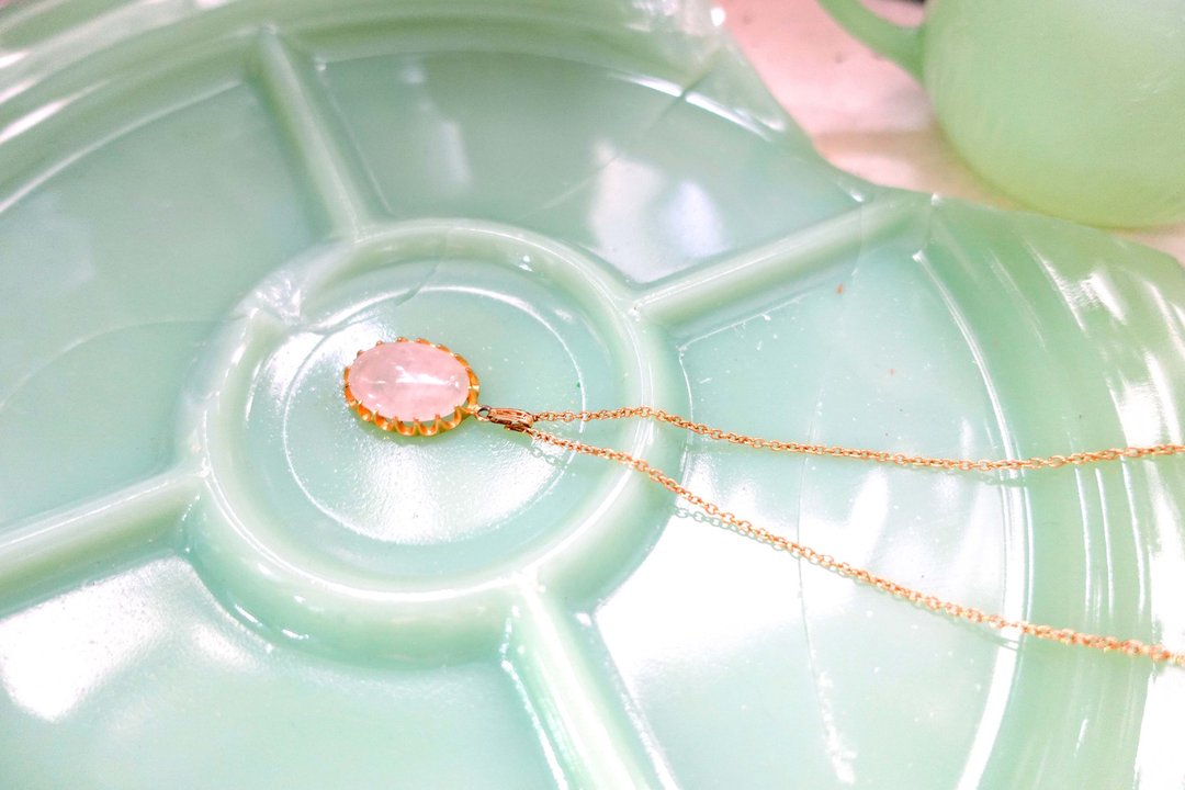 日本中古冰花粉晶粉红公主风蛋形水晶吊坠颈链 二手古着珠宝首饰 - 项链 - 水晶 粉红色