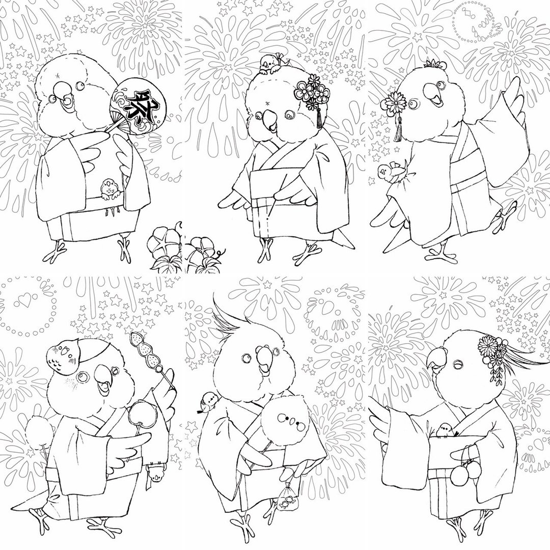 Rolia's 手作 【自己画】夏日烟火浴衣祭/鹦鹉/鸟 着色明信片 - 卡片/明信片 - 纸 