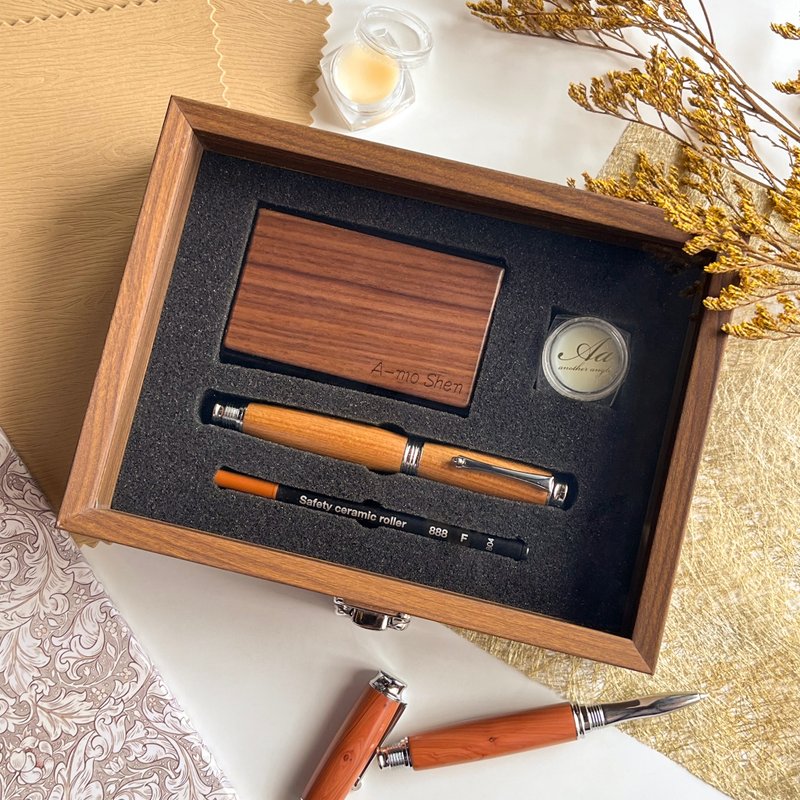 【手工木制钢笔/钢珠笔+名片盒礼盒】定制化 可雷射刻字 - 钢珠笔 - 木头 