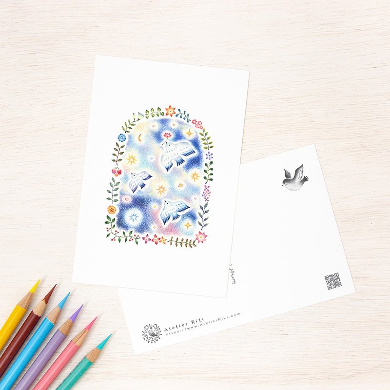 5枚セット。絵本のような。ポストカード "渡り鳥と小さな花々" PC-258 - 卡片/明信片 - 纸 蓝色