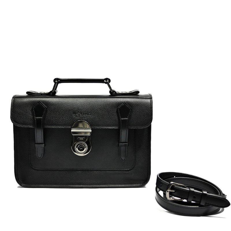 全黑色密瓜纹牛皮公事型书包-小 - 侧背包/斜挎包 - 真皮 黑色