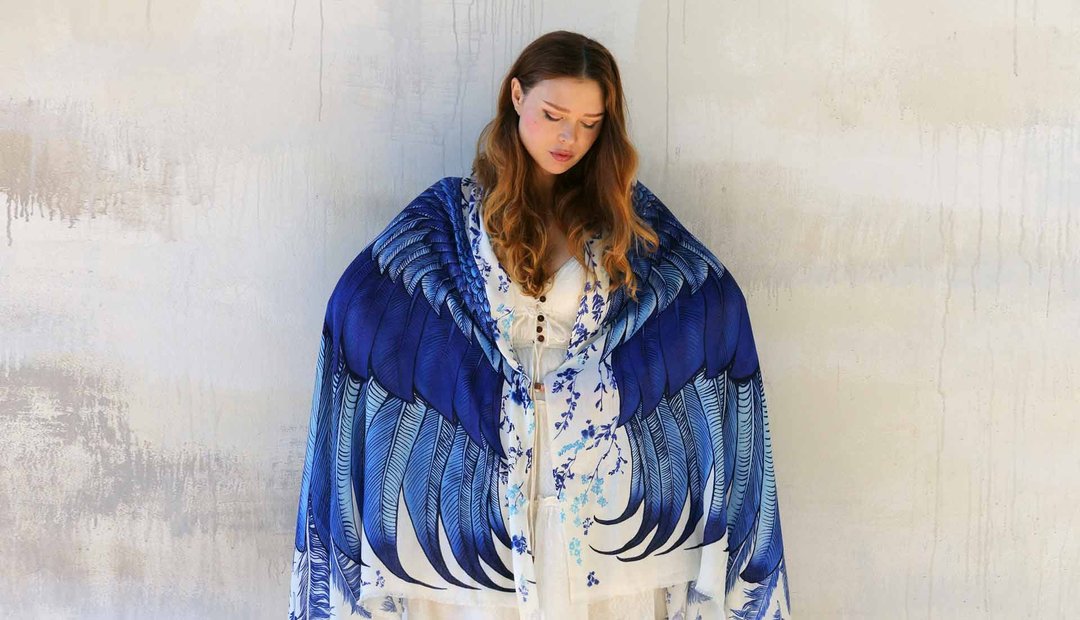 Blue Wings Shawl - 丝巾 - 棉 蓝色