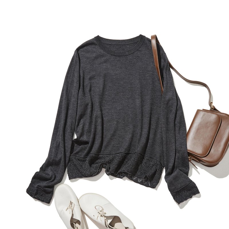 细节巧思的针织上衣 羊毛混纺 蕾丝编织下摆针织 深灰色 251010-2 - 女装针织衫/毛衣 - 羊毛 灰色