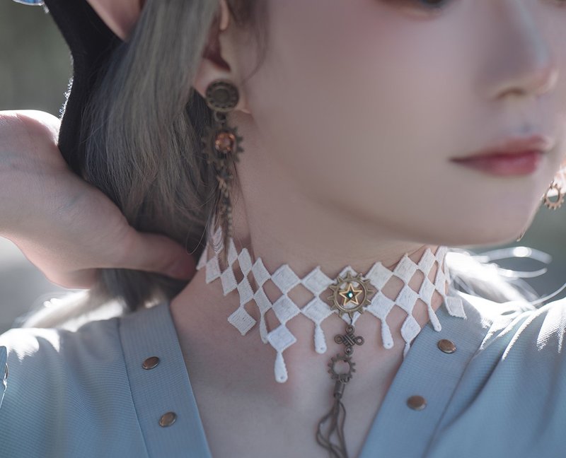 蒸汽朋克 白色方格 蕾丝星星 流苏choker 项圈 颈链颈带 - 项链 - 人造皮革 白色
