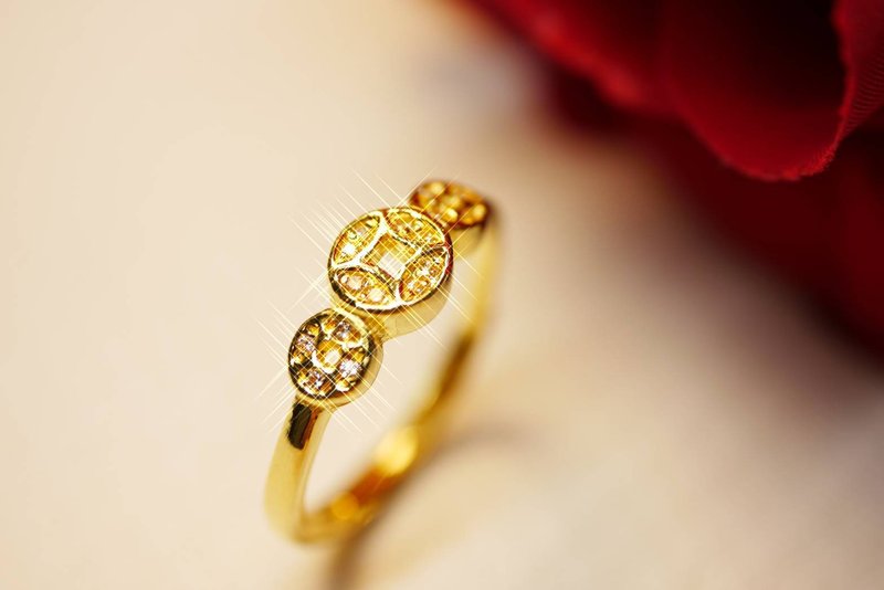 黄金戒指-三古钱锆石戒-女戒 - 戒指 - 24k 金 