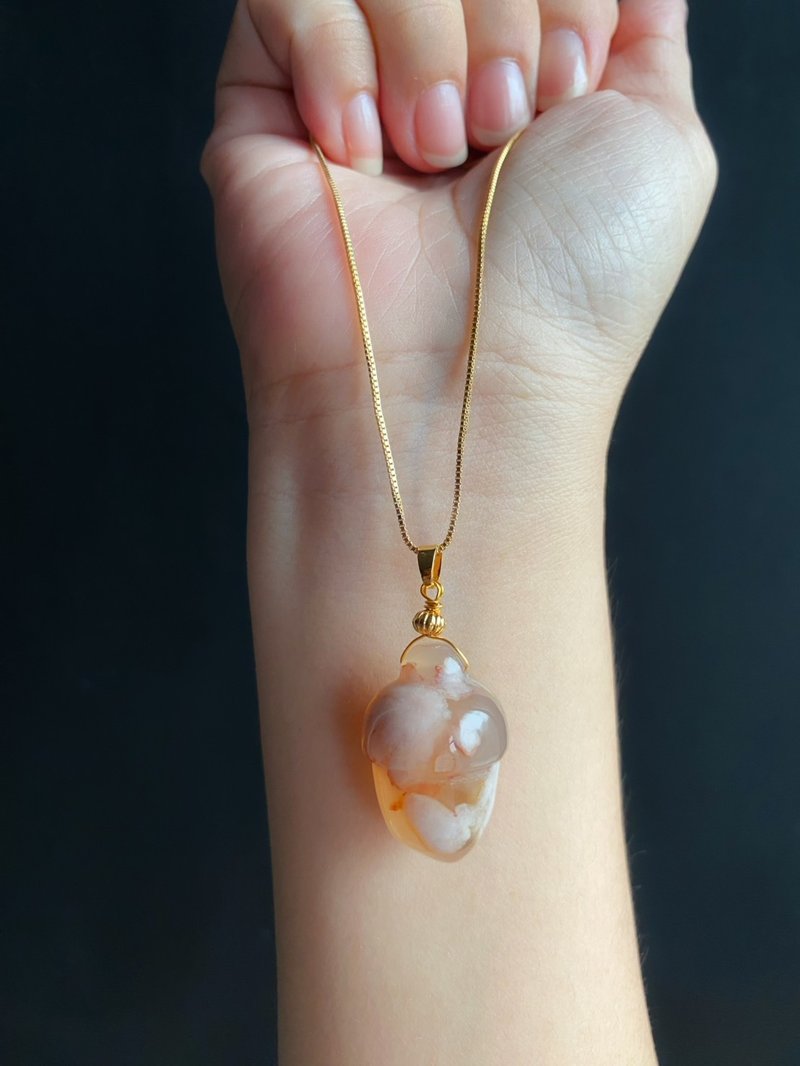 樱花玛瑙  水中花 栗子 项链 天然石 礼物 独一无二 招财平安 - 项链 - 水晶 粉红色