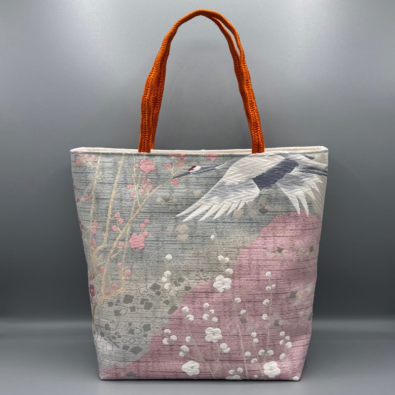 【附底板】和服 腰带 腰绳 手工 托特包 再造 金色 粉色 鹤 - 手提包/手提袋 - 丝．绢 金色
