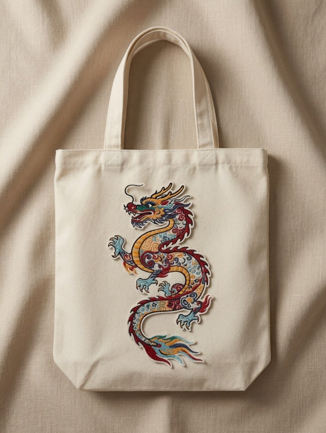 定制刺绣彩色龙托特包 金黄多色祥龙帆布袋 传统龙图腾手提袋 - 手提包/手提袋 - 棉 白色