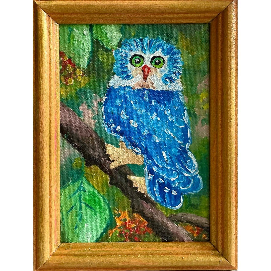 蓝色猫头鹰 鸟画 /原创手绘画/小帆布画/疗愈手绘 - 海报/装饰画/版画 - 棉 